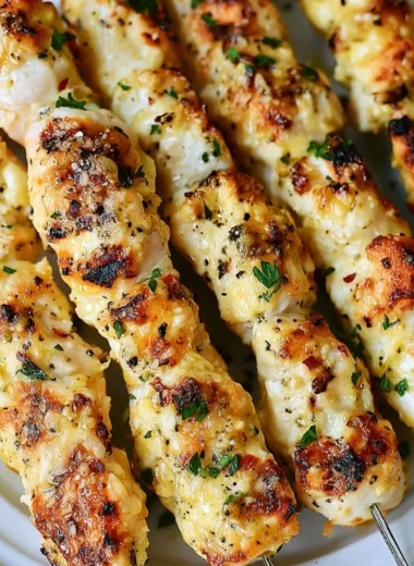 Garlic Parmesan Chicken Kebabs cooked on a grill with fresh herbs and spices