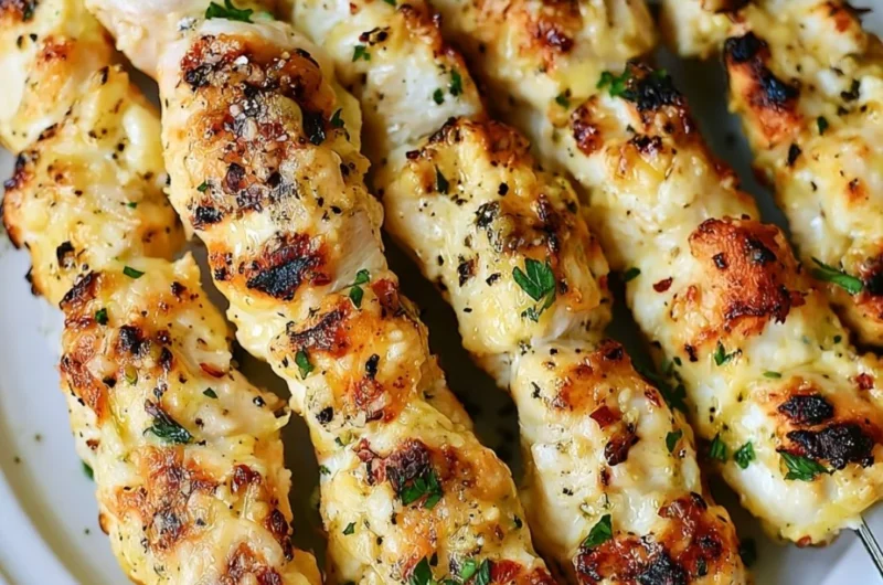 Garlic Parmesan Chicken Kebabs cooked on a grill with fresh herbs and spices