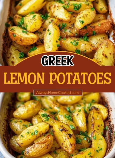 Delicious Greek Lemon Potatoes garnished with herbs on a plate.