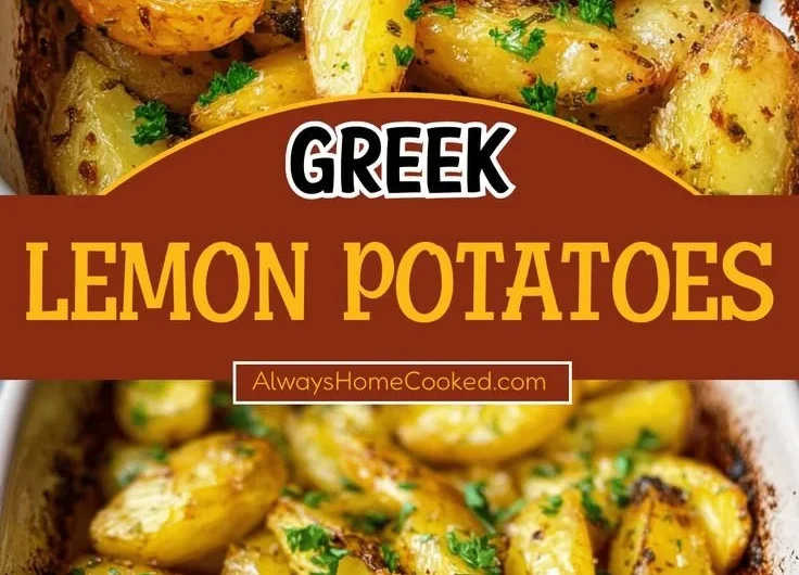 Delicious Greek Lemon Potatoes garnished with herbs on a plate.