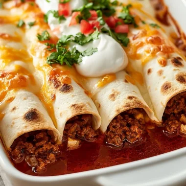 Ground Beef Enchiladas topped with cheese and served with sour cream