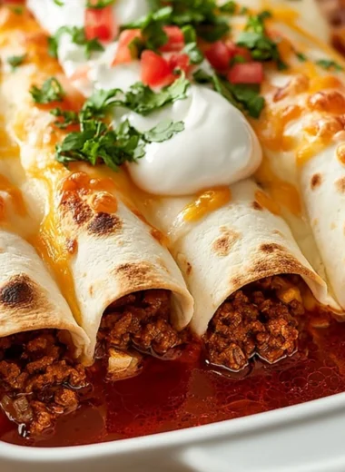 Ground Beef Enchiladas topped with cheese and served with sour cream