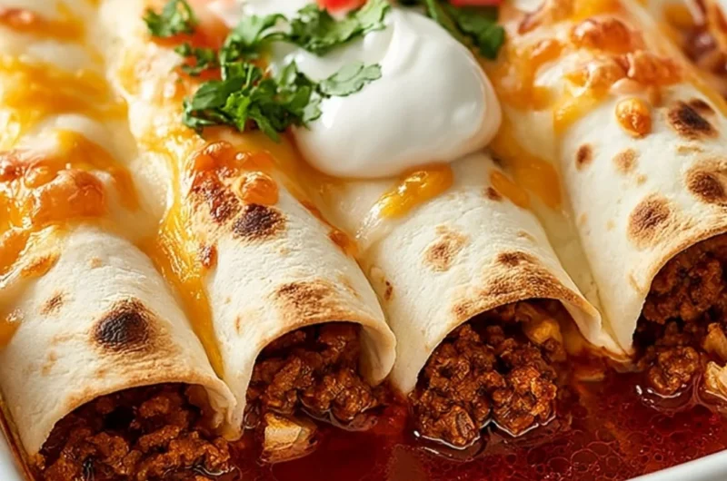 Ground Beef Enchiladas topped with cheese and served with sour cream