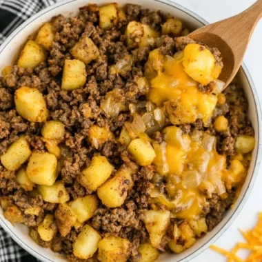 Delicious Hamburger Hash with ground beef and vegetables in a skillet