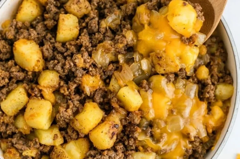 Delicious Hamburger Hash with ground beef and vegetables in a skillet