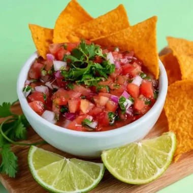 A bowl of fresh homemade salsa with tomatoes, onions, and cilantro