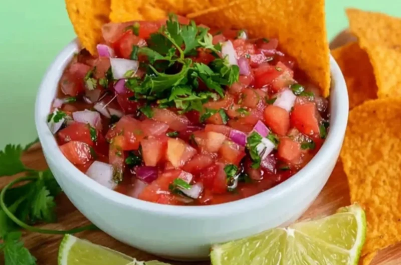 A bowl of fresh homemade salsa with tomatoes, onions, and cilantro