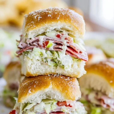 Italian Grinder Sliders stacked with fresh ingredients on a platter