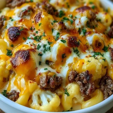 Delicious Keto Cheeseburger Cauliflower Mac served in a bowl