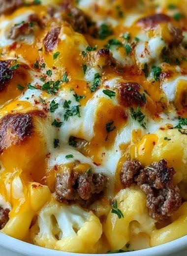 Delicious Keto Cheeseburger Cauliflower Mac served in a bowl