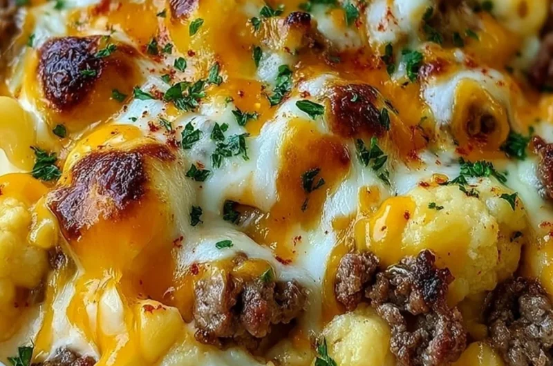 Delicious Keto Cheeseburger Cauliflower Mac served in a bowl