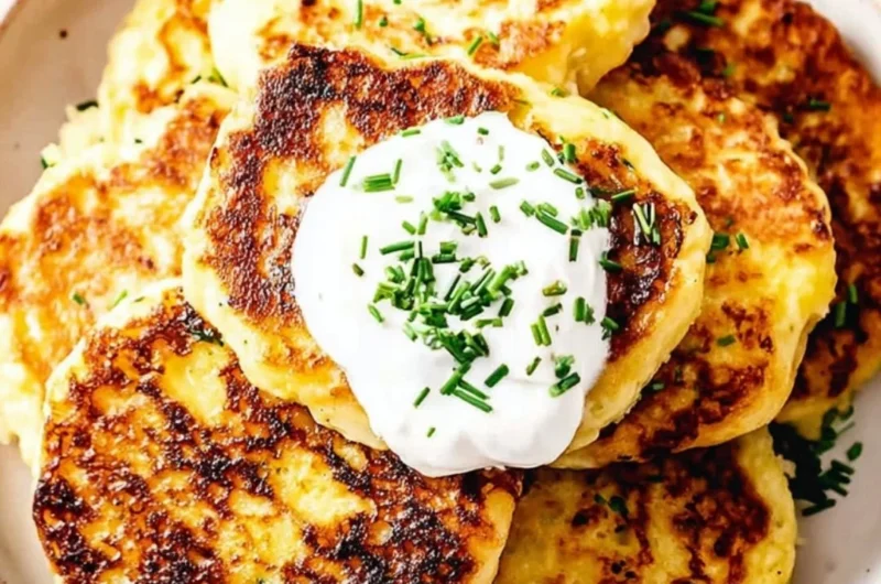 Leftover mashed potato cakes served on a plate with garnish