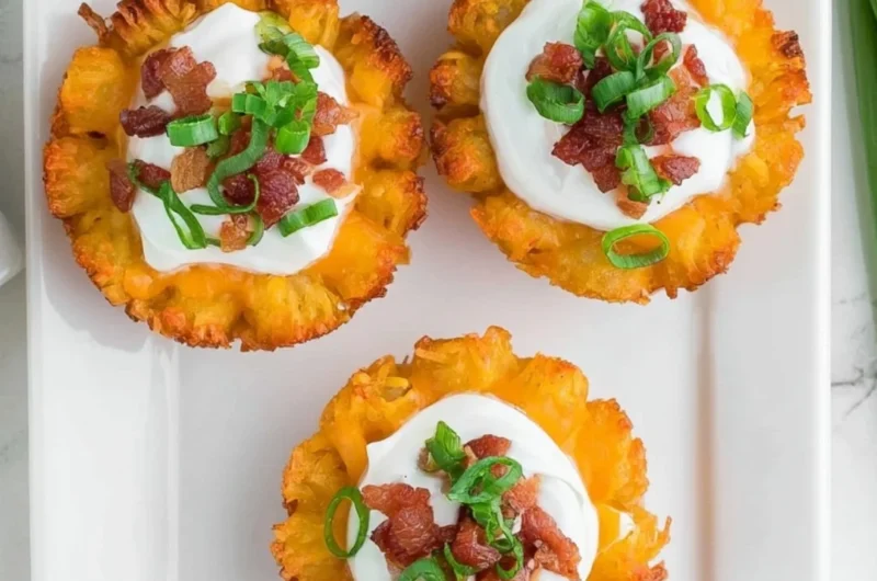 Plate of loaded tater tots appetizers topped with cheese, bacon, and green onions.
