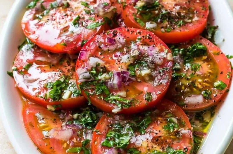 A bowl of marinated tomatoes garnished with herbs and spices.