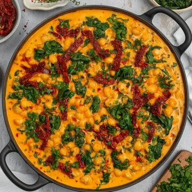 Delicious Marry Me Chickpeas served on a plate with fresh herbs.