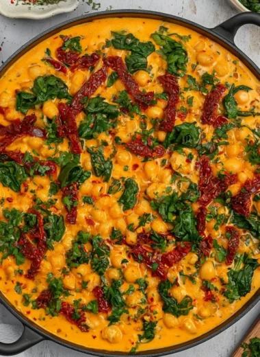 Delicious Marry Me Chickpeas served on a plate with fresh herbs.