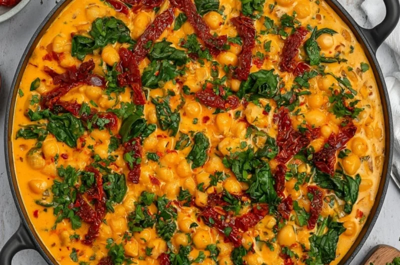 Delicious Marry Me Chickpeas served on a plate with fresh herbs.