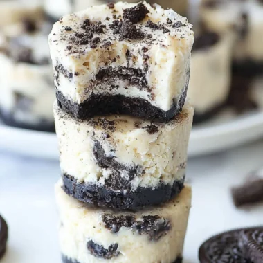 Delicious mini Oreo cheesecakes topped with crushed Oreo cookies.