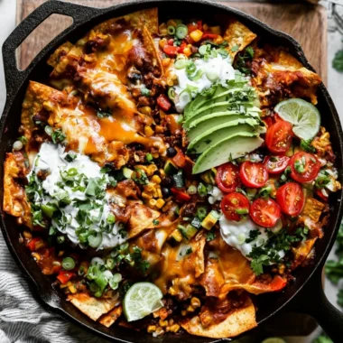 One-Pan Beef Enchilada Skillet topped with cheese and garnished with cilantro