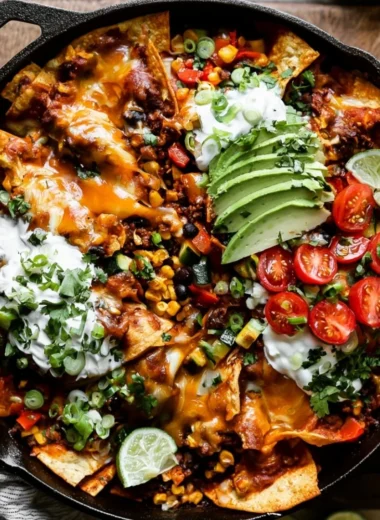 One-Pan Beef Enchilada Skillet topped with cheese and garnished with cilantro