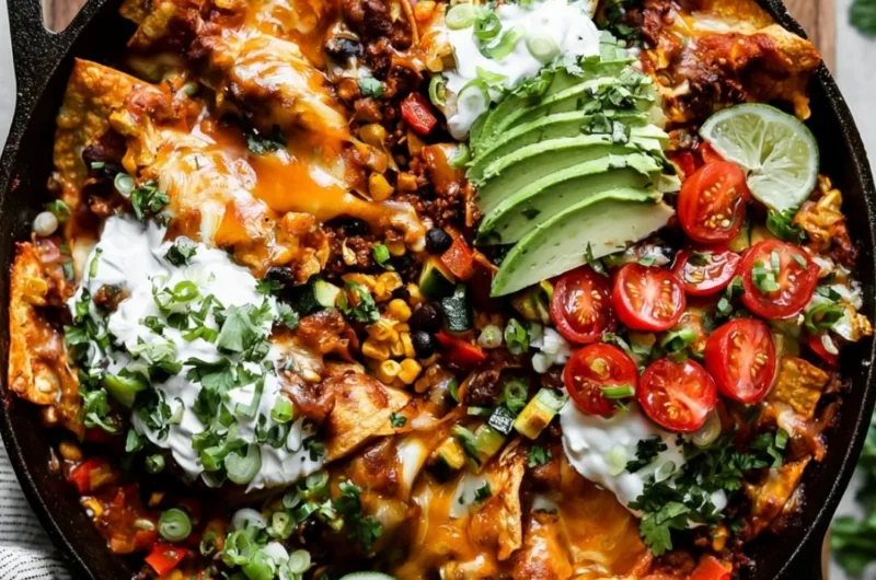 One-Pan Beef Enchilada Skillet topped with cheese and garnished with cilantro