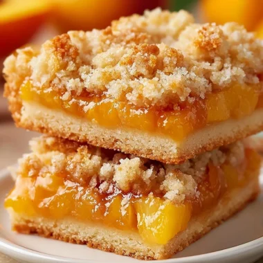 Freshly baked Peach Crumb Bars with a golden crumb topping and peach filling