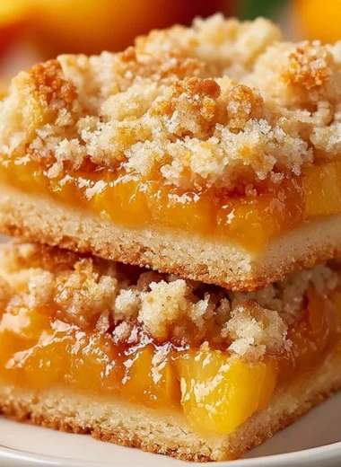 Freshly baked Peach Crumb Bars with a golden crumb topping and peach filling