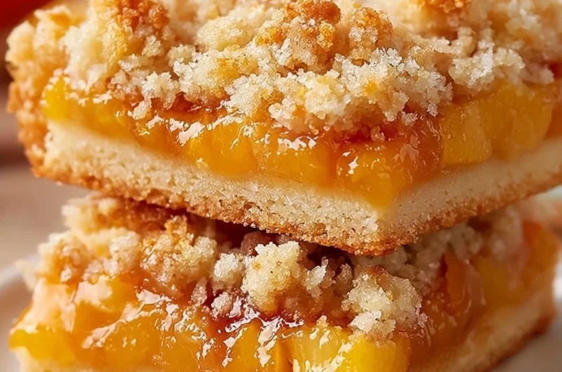 Freshly baked Peach Crumb Bars with a golden crumb topping and peach filling
