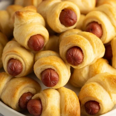 Plate of homemade Pigs in a Blanket appetizers served hot