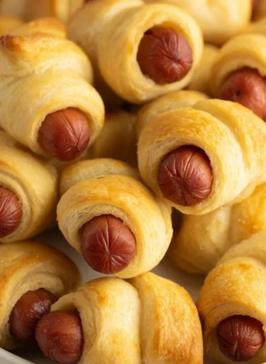 Plate of homemade Pigs in a Blanket appetizers served hot