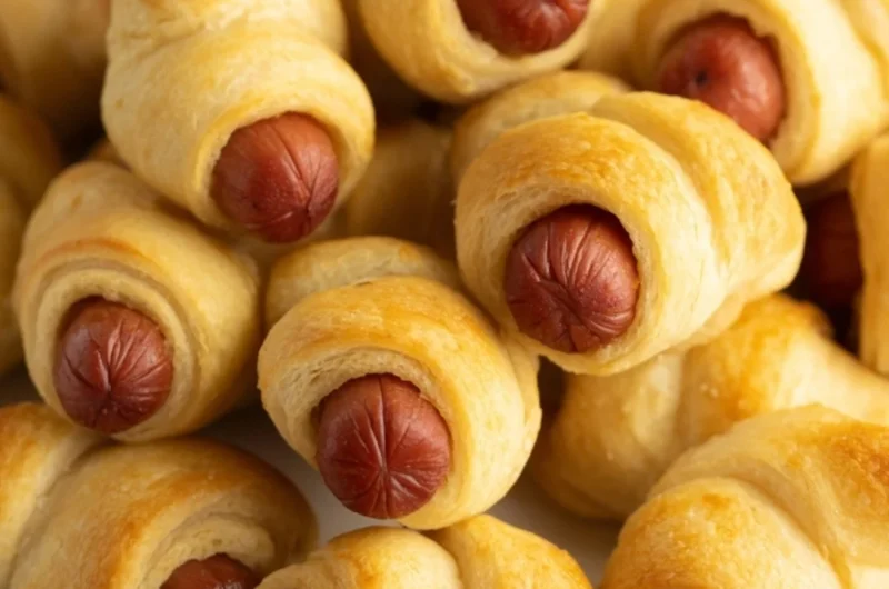 Plate of homemade Pigs in a Blanket appetizers served hot