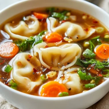 Bowl of delicious potsticker soup with dumplings and vegetables