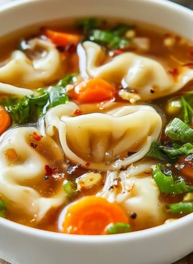 Bowl of delicious potsticker soup with dumplings and vegetables