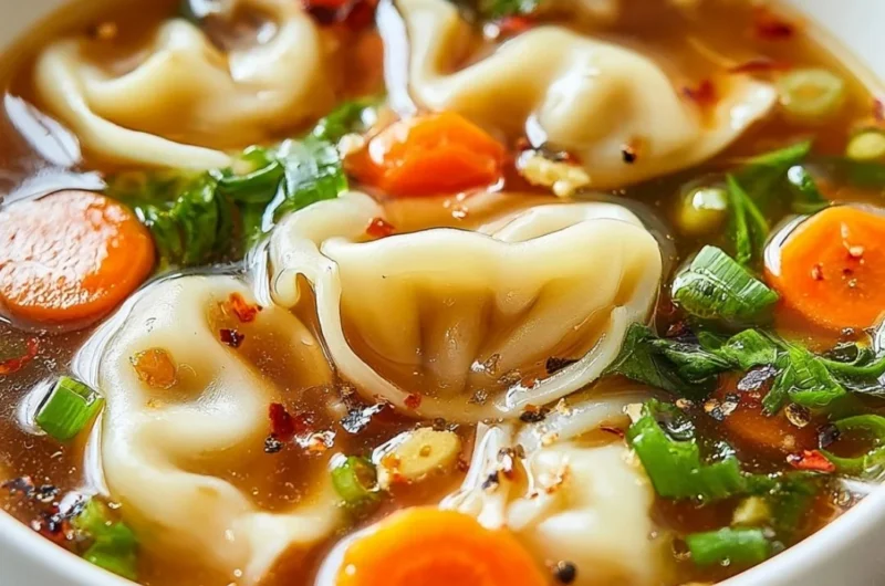 Bowl of delicious potsticker soup with dumplings and vegetables