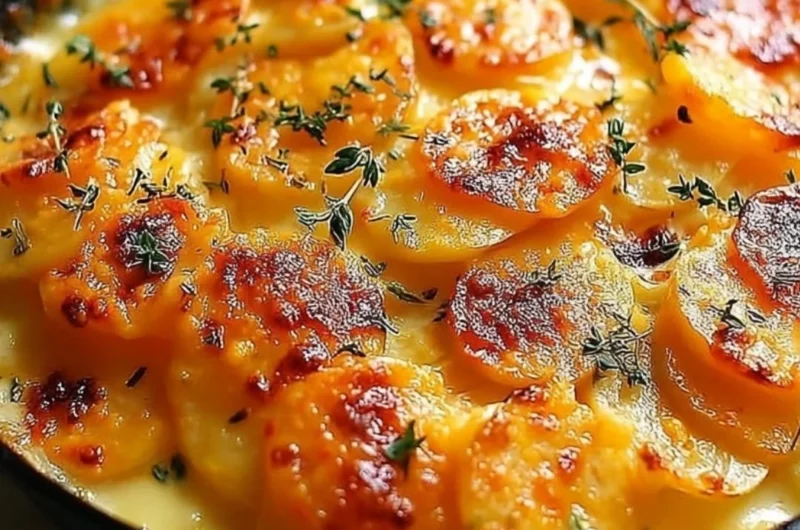 Delicious scalloped potatoes baked with cheese and creamy sauce