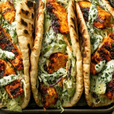 Sheet pan chicken pitas served with fresh vegetables and a zesty sauce