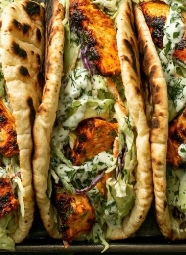Sheet pan chicken pitas served with fresh vegetables and a zesty sauce