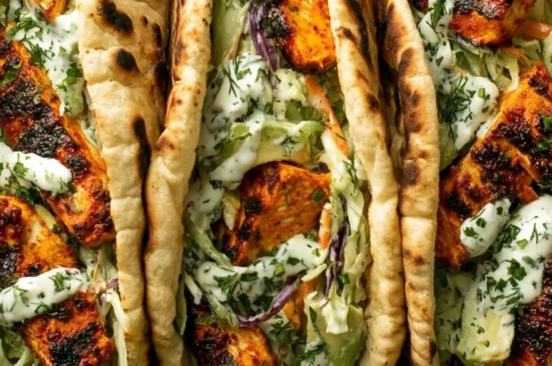 Sheet pan chicken pitas served with fresh vegetables and a zesty sauce