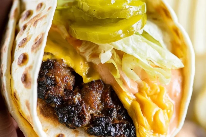 Delicious Smash Burger Taco topped with special burger sauce on a plate.