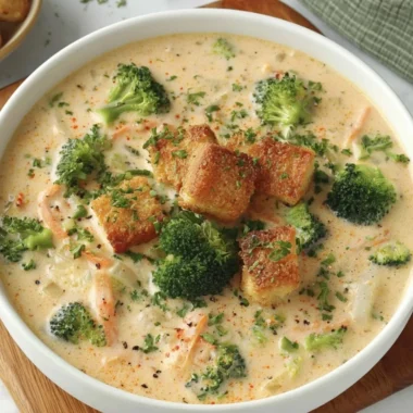 Creamy Smoked Gouda Broccoli Soup in a bowl, garnished with fresh herbs