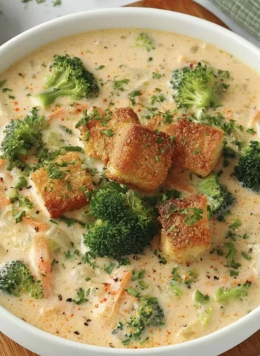 Creamy Smoked Gouda Broccoli Soup in a bowl, garnished with fresh herbs