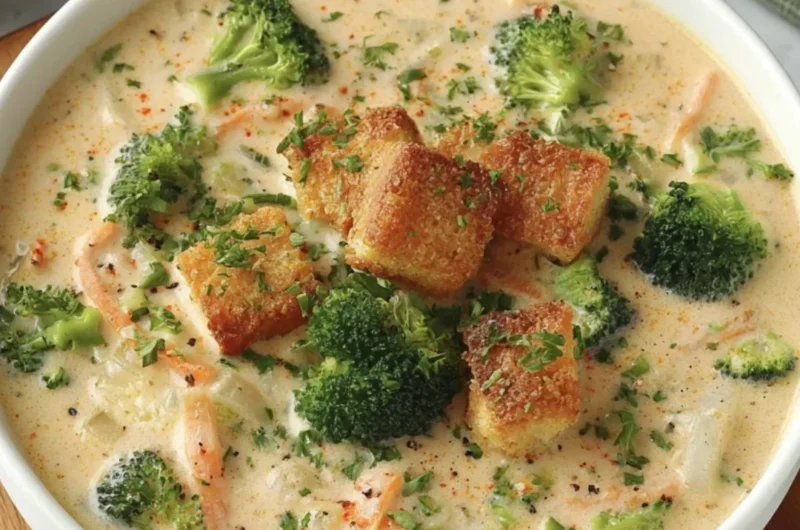 Creamy Smoked Gouda Broccoli Soup in a bowl, garnished with fresh herbs