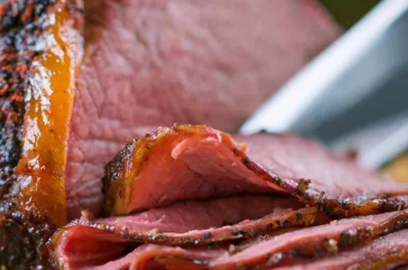 Deliciously smoked roast beef served with sides on a wooden platter