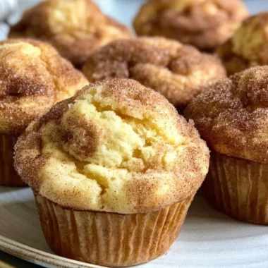 Freshly baked Snickerdoodle Muffins with cinnamon-sugar topping on a wooden table.