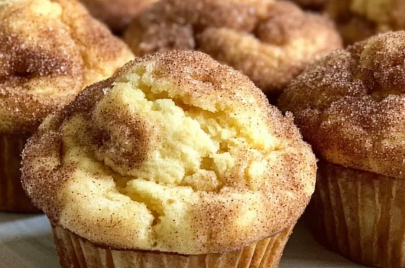 Freshly baked Snickerdoodle Muffins with cinnamon-sugar topping on a wooden table.