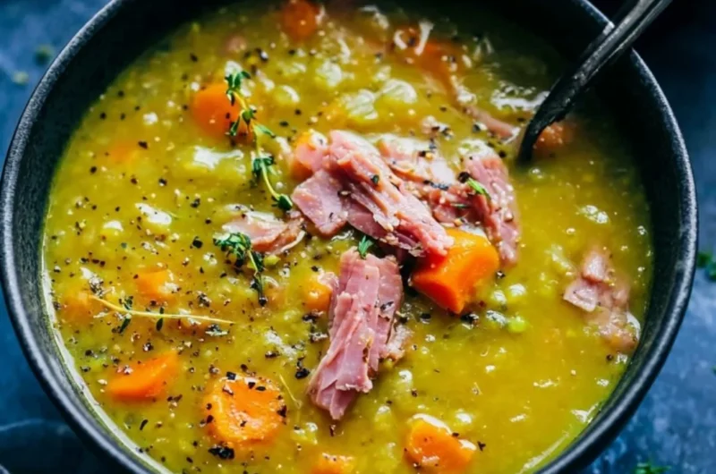 Bowl of hearty split pea soup garnished with herbs and bread.