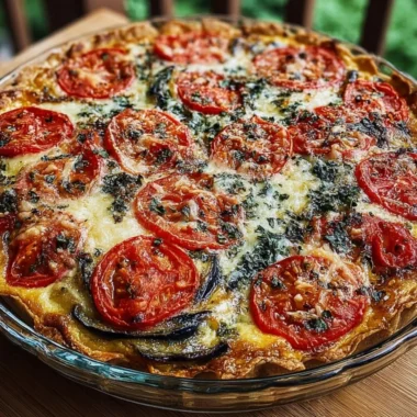 Freshly baked Tomato Eggplant Pie with summer vegetables on a wooden table