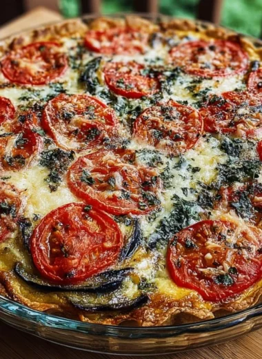 Freshly baked Tomato Eggplant Pie with summer vegetables on a wooden table