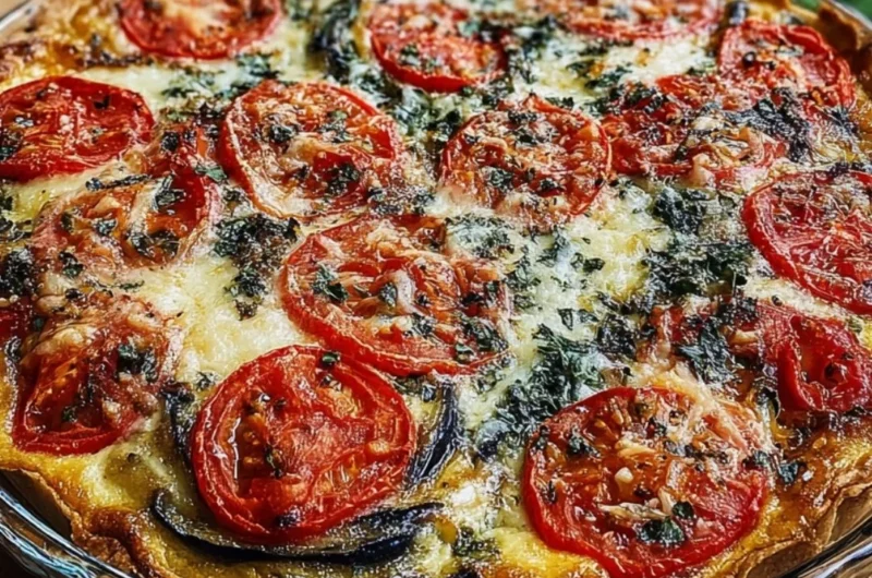 Freshly baked Tomato Eggplant Pie with summer vegetables on a wooden table