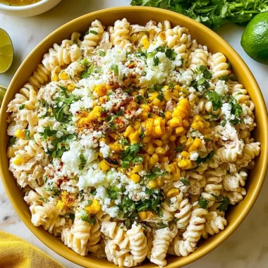 Tasty Elote Pasta Salad with Greek Yogurt served in a bowl